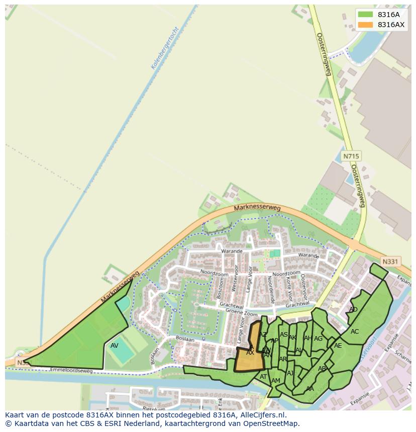 Afbeelding van het postcodegebied 8316 AX op de kaart.