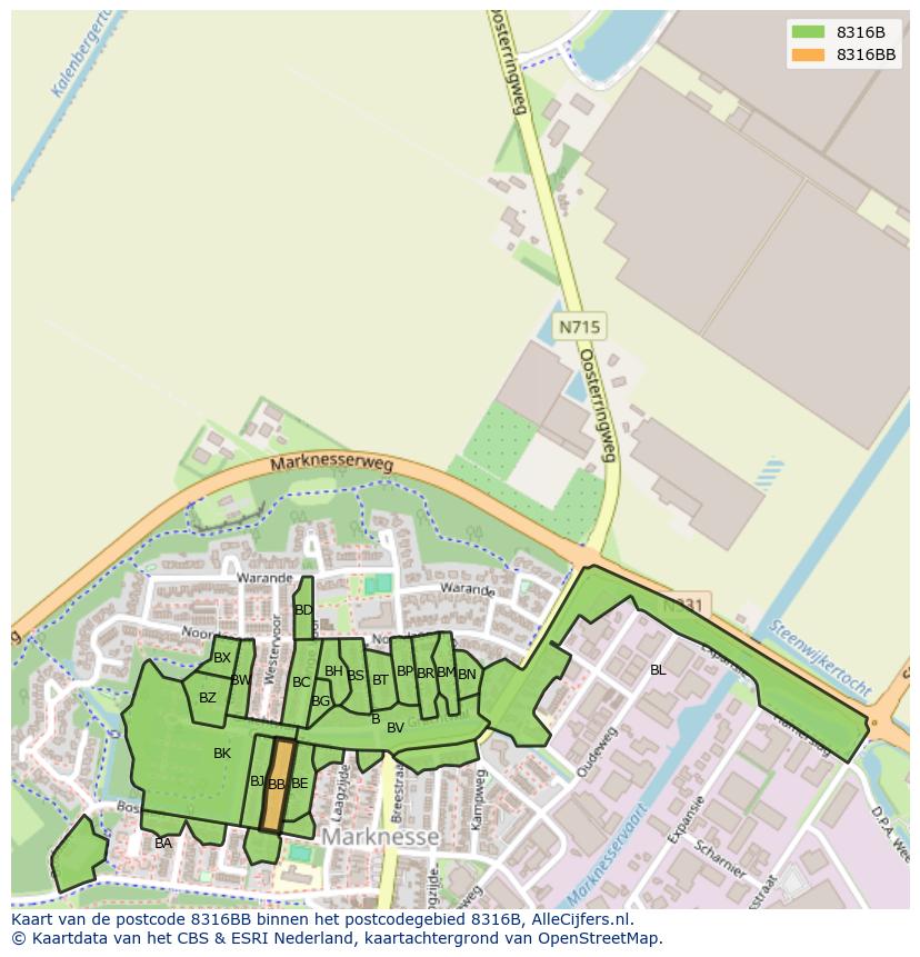 Afbeelding van het postcodegebied 8316 BB op de kaart.