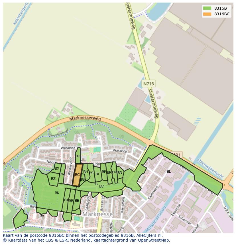 Afbeelding van het postcodegebied 8316 BC op de kaart.