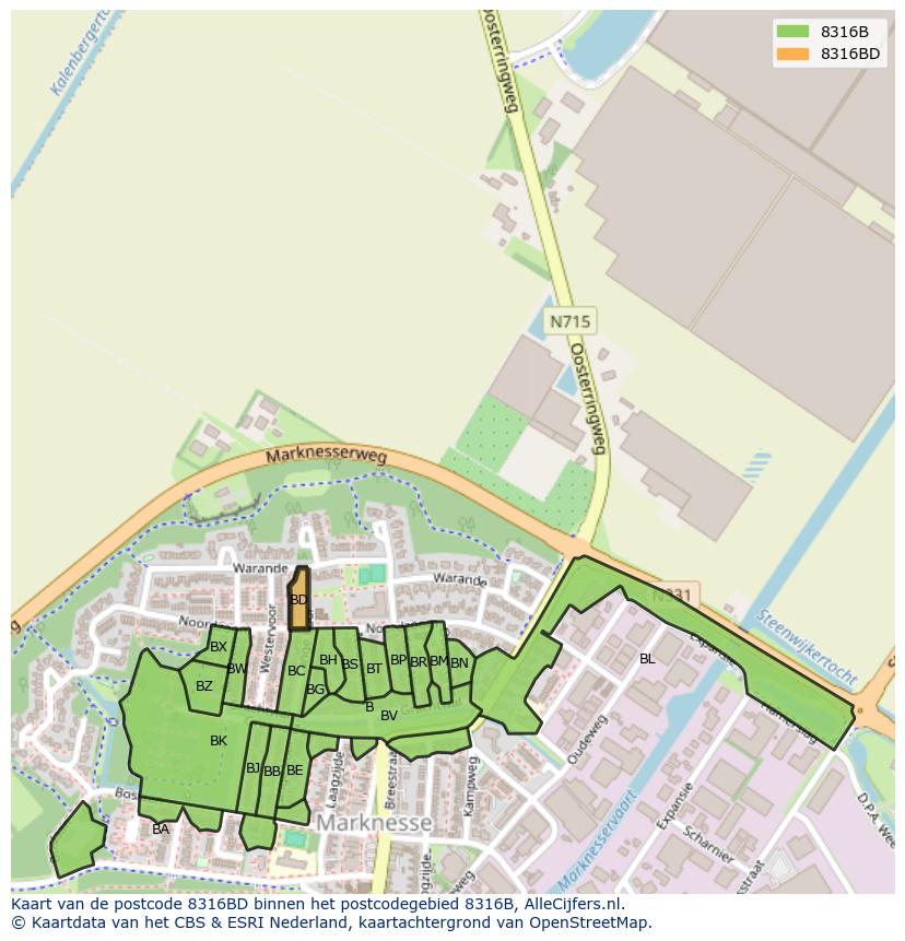 Afbeelding van het postcodegebied 8316 BD op de kaart.