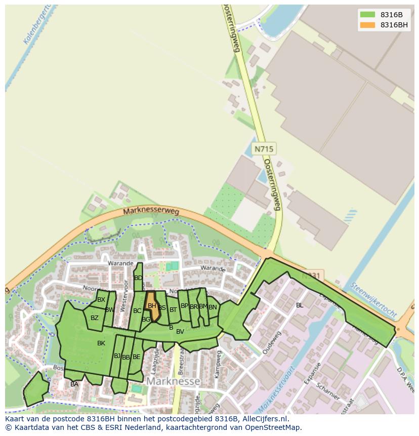 Afbeelding van het postcodegebied 8316 BH op de kaart.