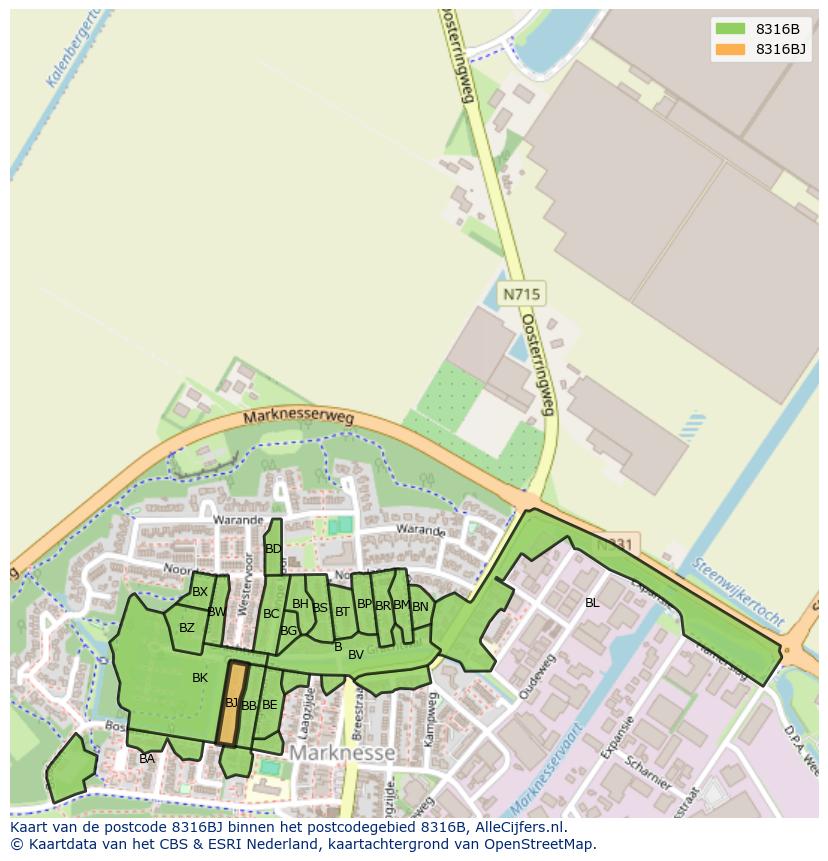 Afbeelding van het postcodegebied 8316 BJ op de kaart.