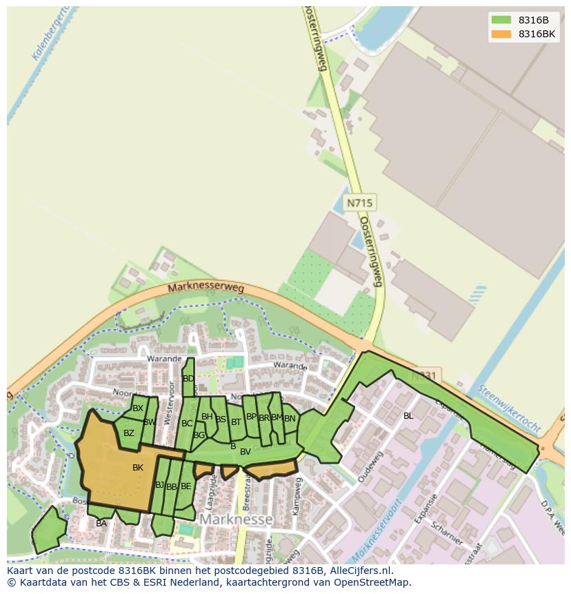 Afbeelding van het postcodegebied 8316 BK op de kaart.