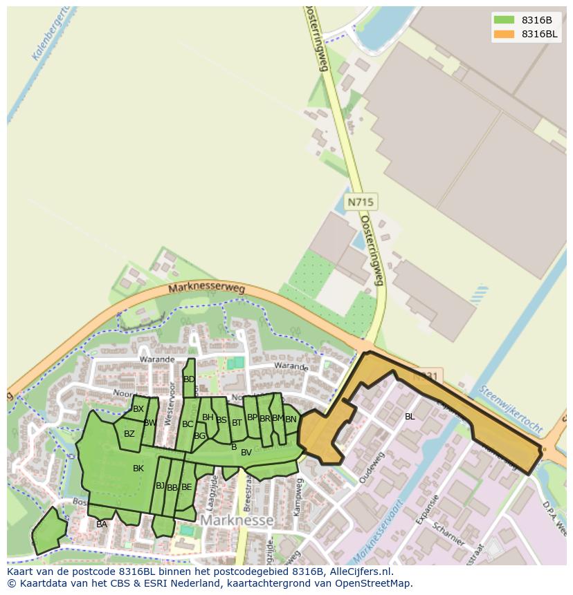 Afbeelding van het postcodegebied 8316 BL op de kaart.