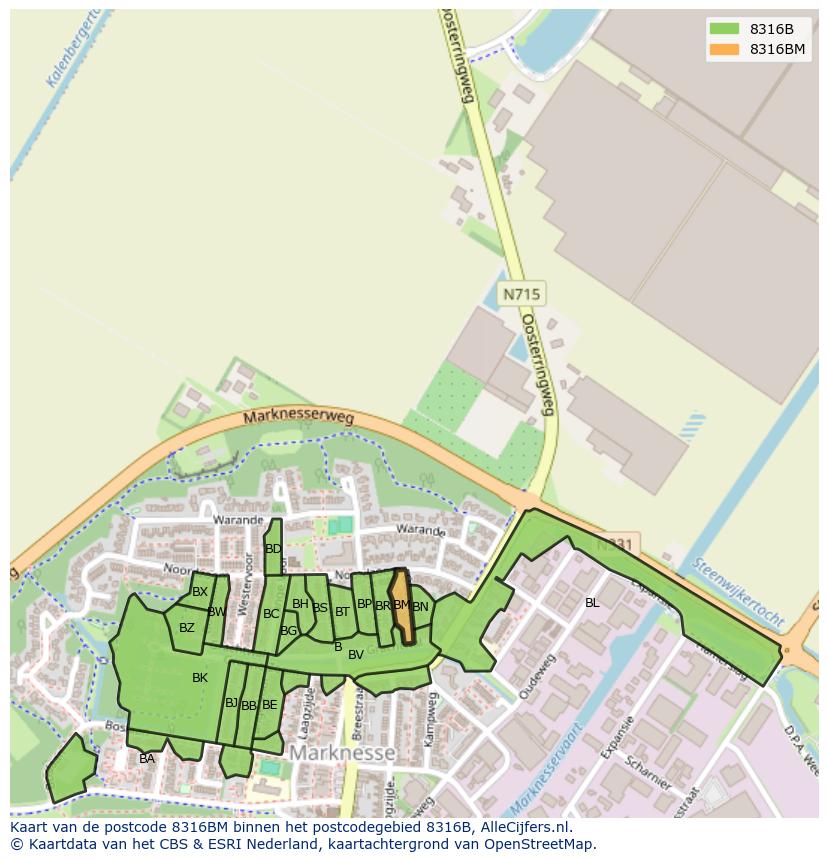 Afbeelding van het postcodegebied 8316 BM op de kaart.