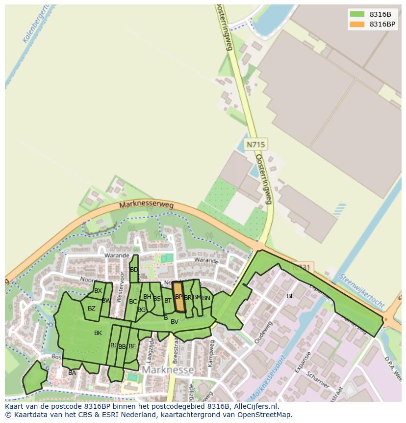 Afbeelding van het postcodegebied 8316 BP op de kaart.