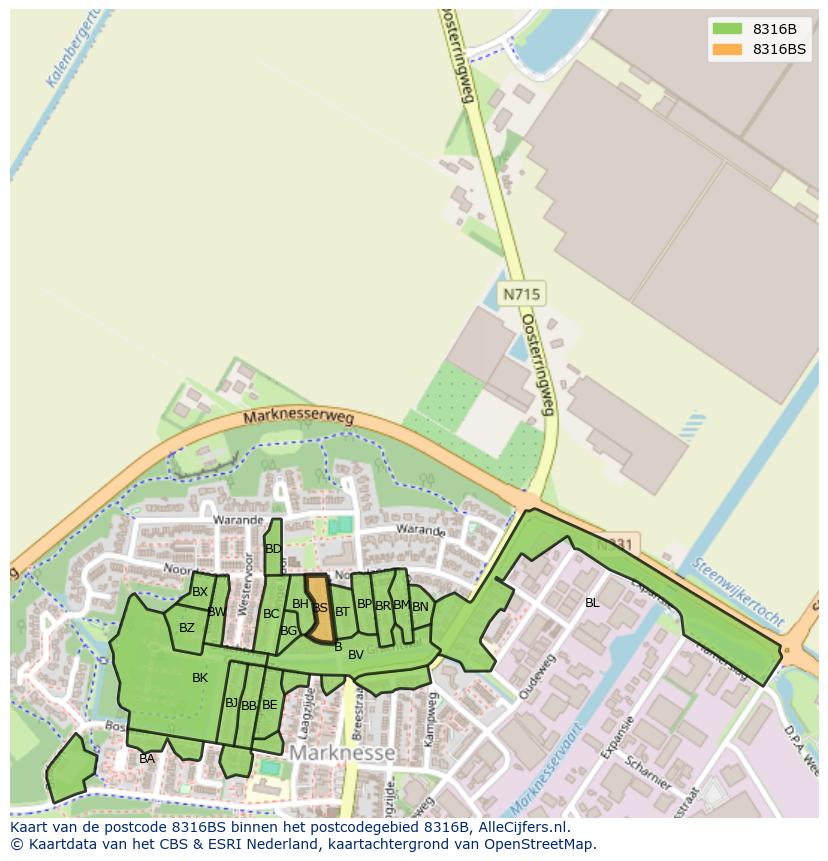 Afbeelding van het postcodegebied 8316 BS op de kaart.