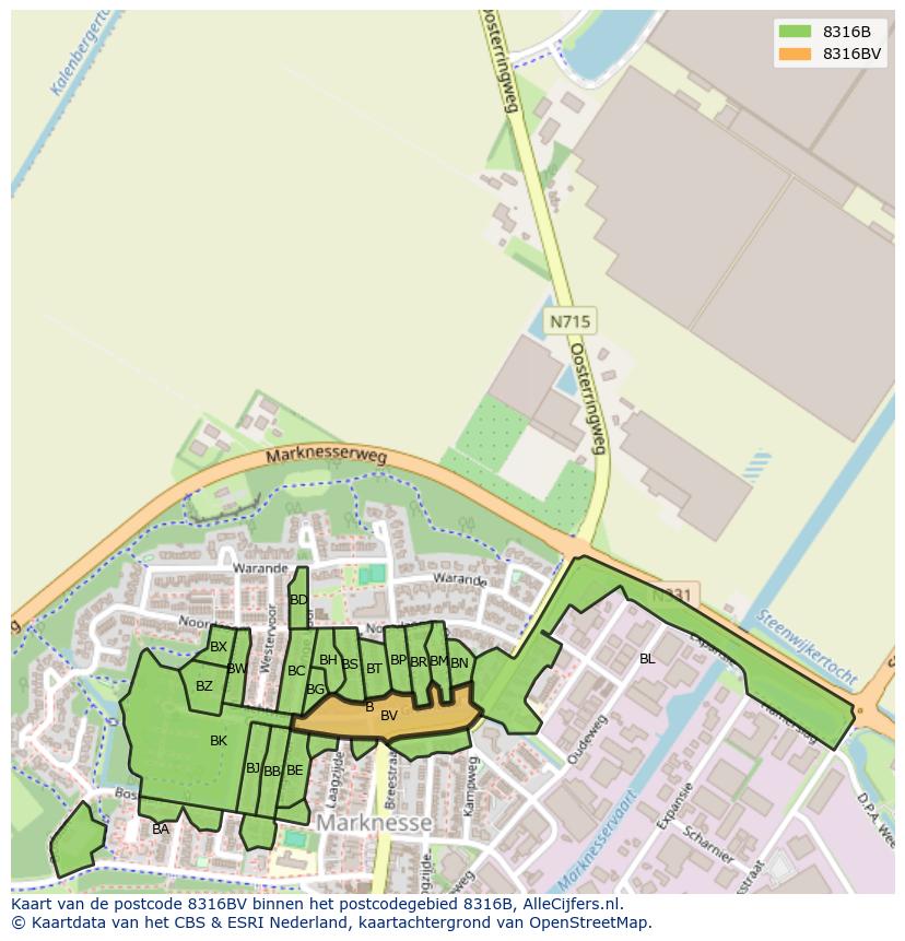 Afbeelding van het postcodegebied 8316 BV op de kaart.