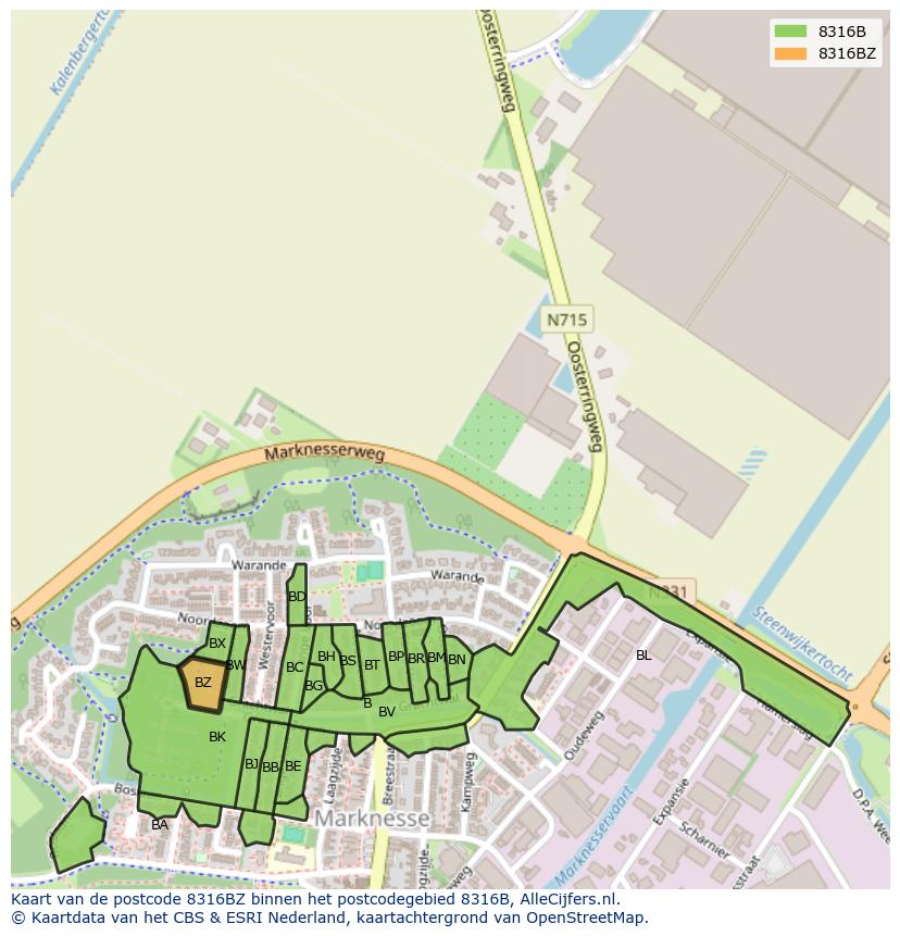 Afbeelding van het postcodegebied 8316 BZ op de kaart.