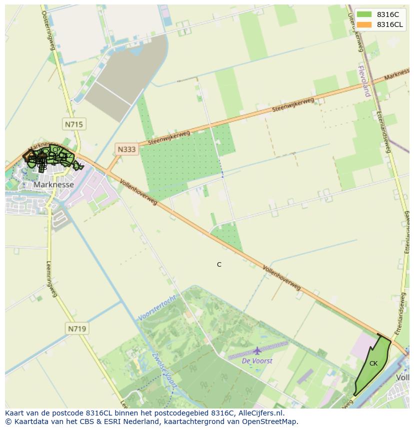 Afbeelding van het postcodegebied 8316 CL op de kaart.