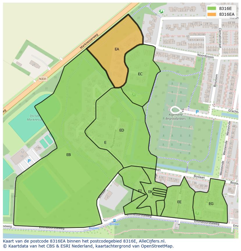 Afbeelding van het postcodegebied 8316 EA op de kaart.