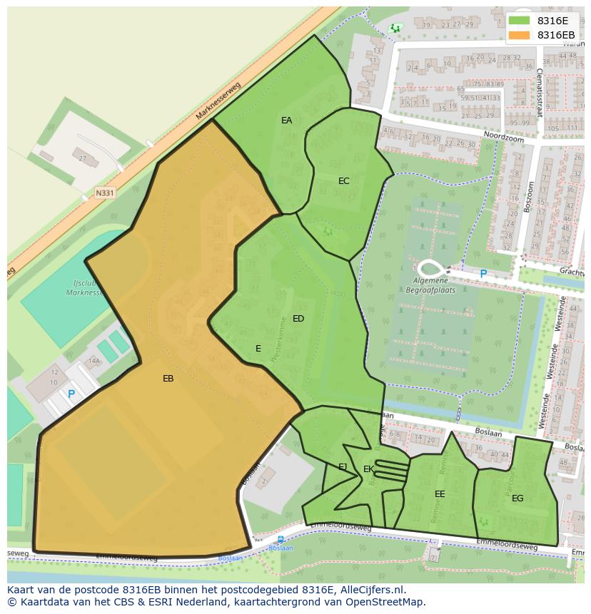 Afbeelding van het postcodegebied 8316 EB op de kaart.