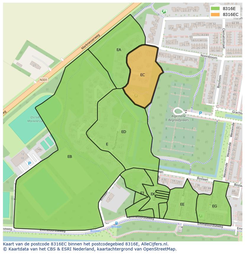 Afbeelding van het postcodegebied 8316 EC op de kaart.