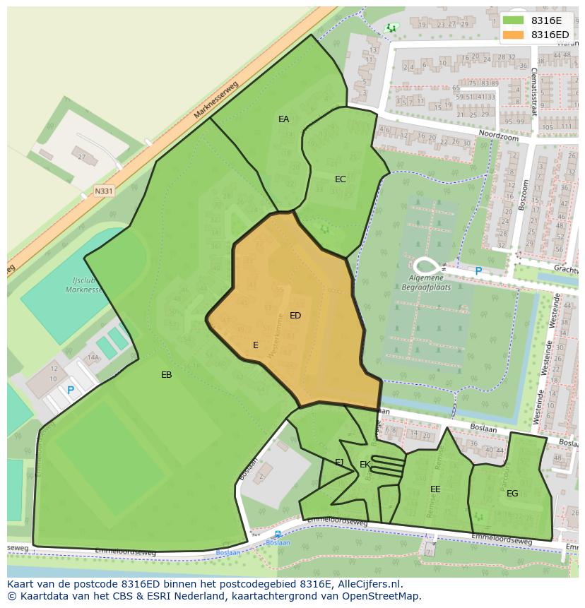 Afbeelding van het postcodegebied 8316 ED op de kaart.