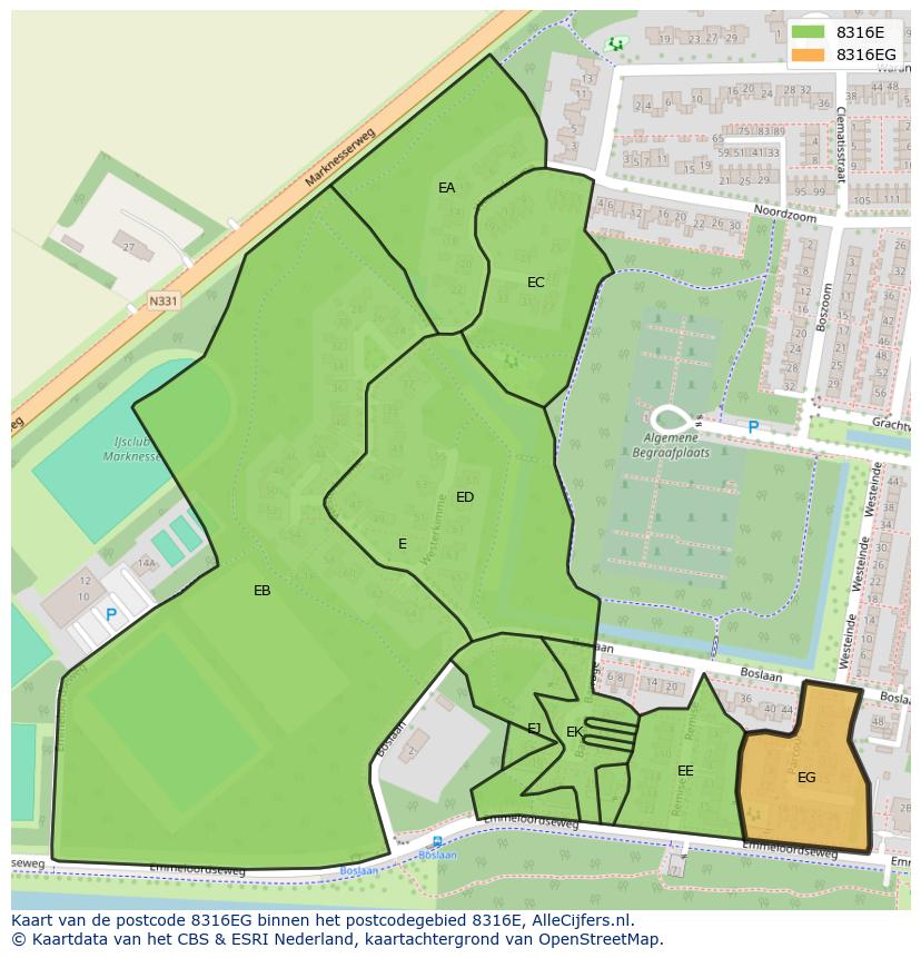 Afbeelding van het postcodegebied 8316 EG op de kaart.
