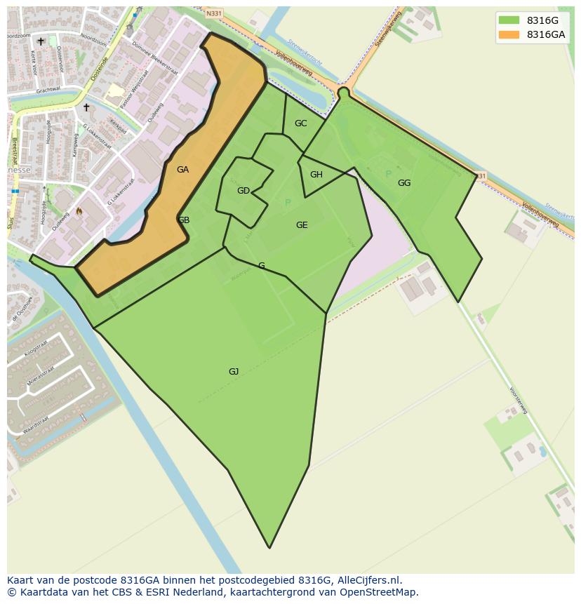 Afbeelding van het postcodegebied 8316 GA op de kaart.