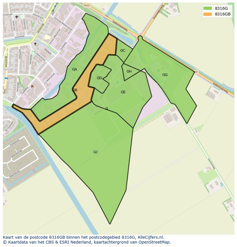 Afbeelding van het postcodegebied 8316 GB op de kaart.