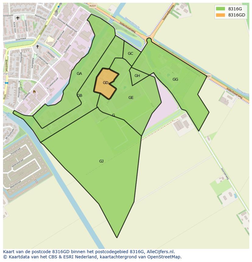 Afbeelding van het postcodegebied 8316 GD op de kaart.