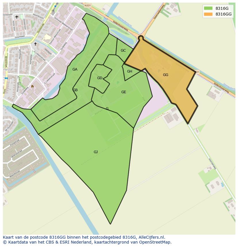 Afbeelding van het postcodegebied 8316 GG op de kaart.