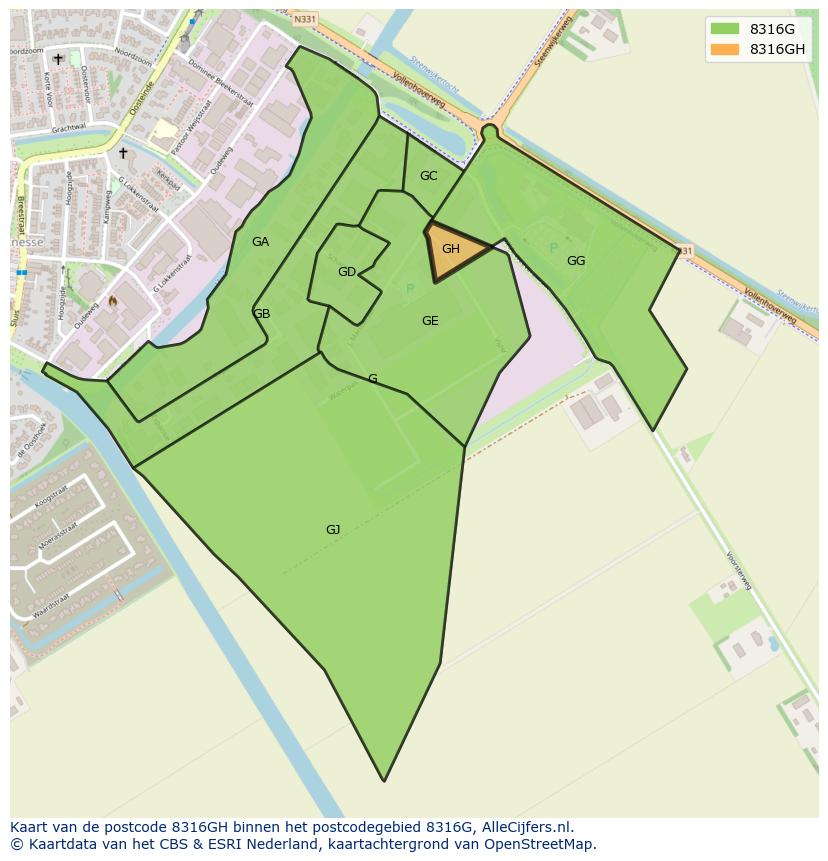 Afbeelding van het postcodegebied 8316 GH op de kaart.