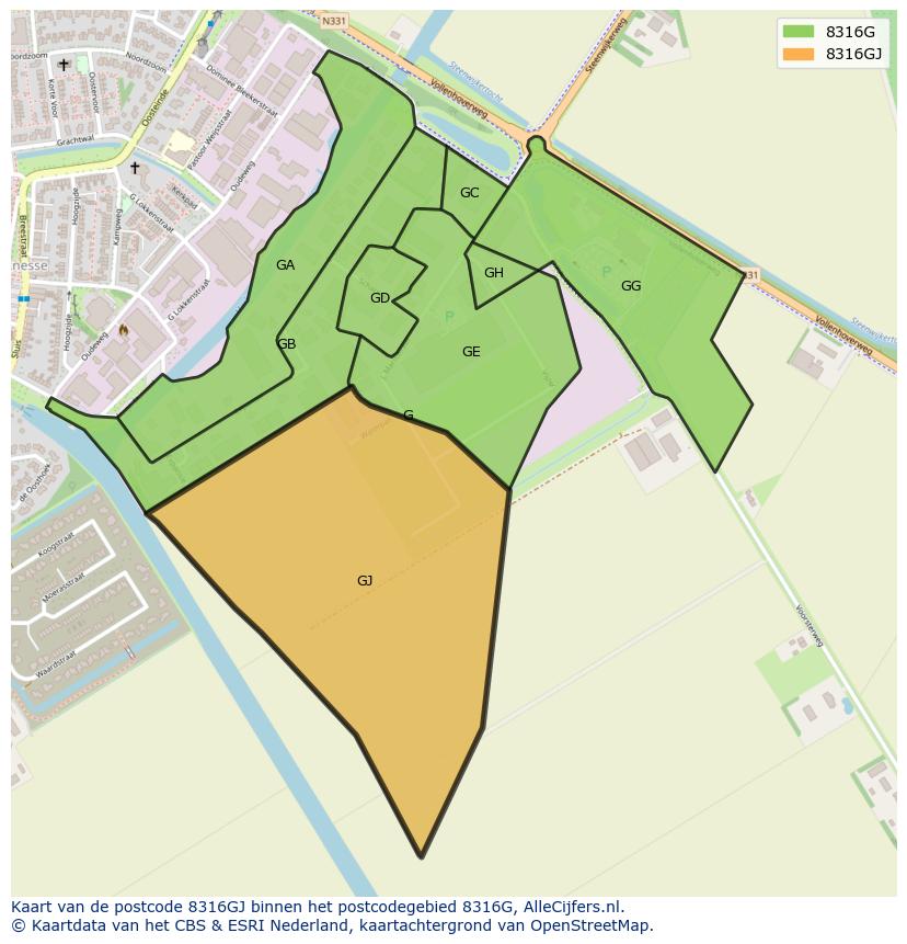 Afbeelding van het postcodegebied 8316 GJ op de kaart.