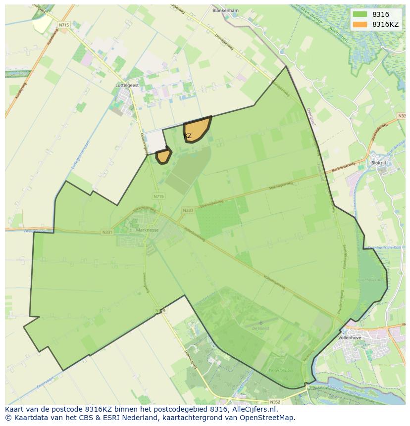 Afbeelding van het postcodegebied 8316 KZ op de kaart.