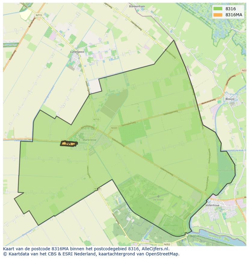 Afbeelding van het postcodegebied 8316 MA op de kaart.