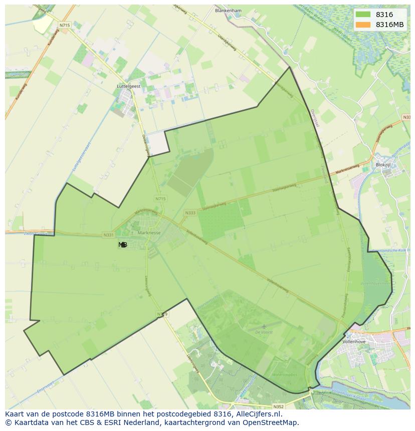 Afbeelding van het postcodegebied 8316 MB op de kaart.
