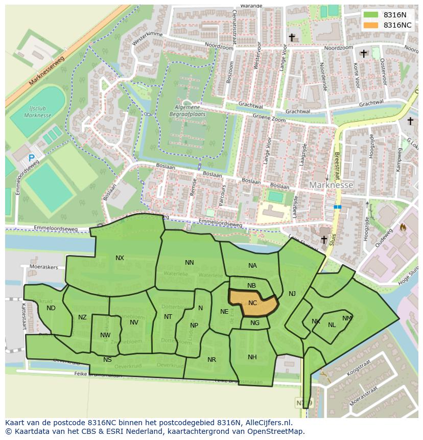 Afbeelding van het postcodegebied 8316 NC op de kaart.