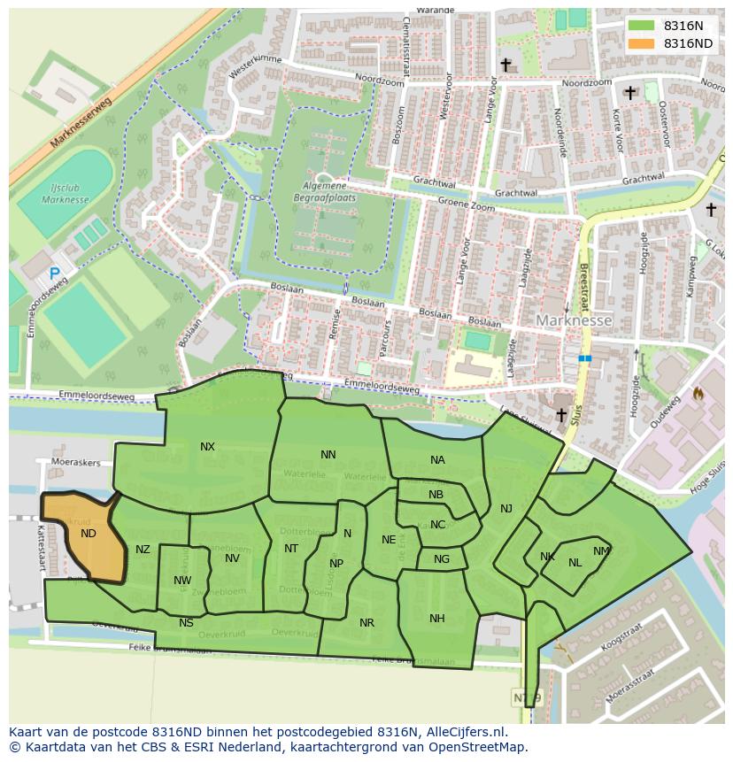 Afbeelding van het postcodegebied 8316 ND op de kaart.