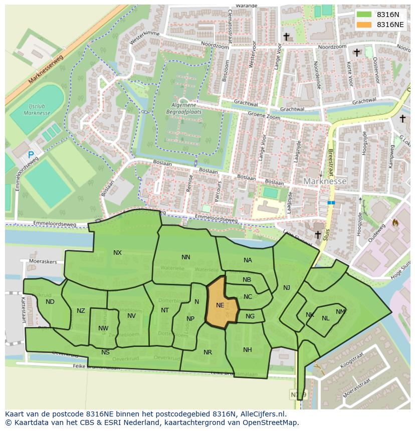 Afbeelding van het postcodegebied 8316 NE op de kaart.