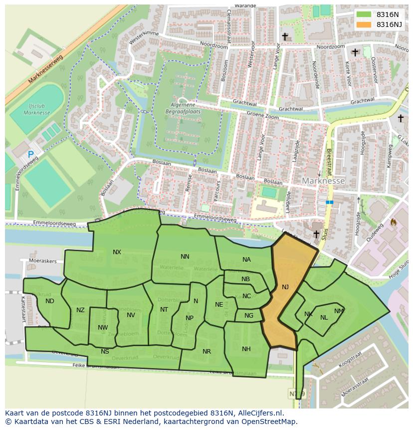 Afbeelding van het postcodegebied 8316 NJ op de kaart.