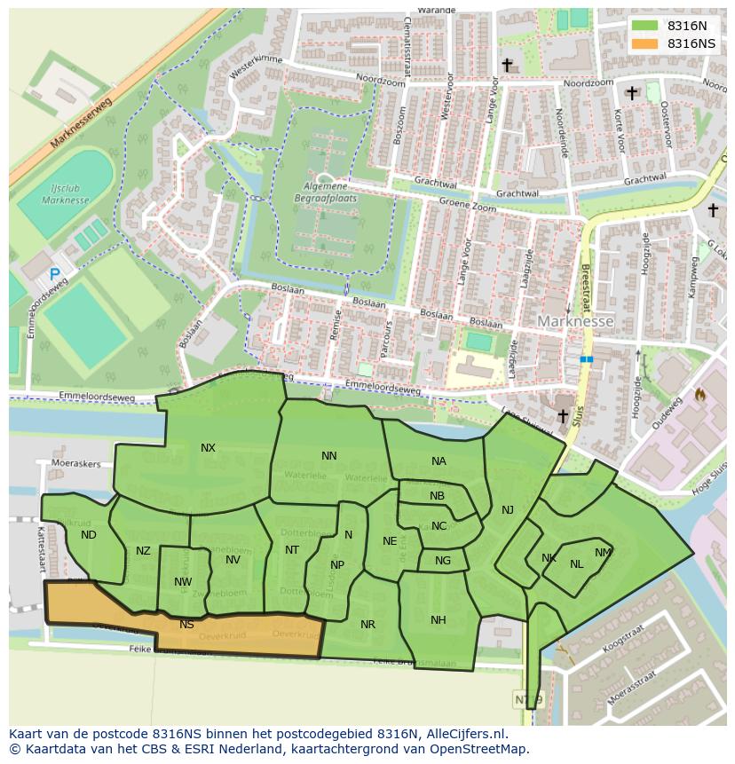 Afbeelding van het postcodegebied 8316 NS op de kaart.