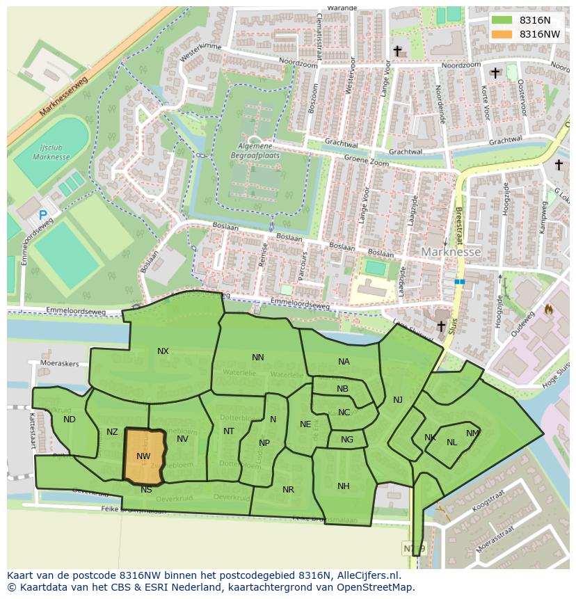 Afbeelding van het postcodegebied 8316 NW op de kaart.