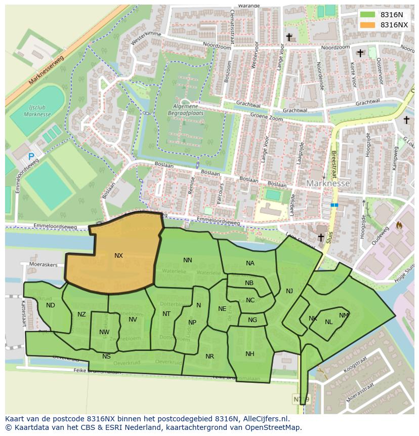 Afbeelding van het postcodegebied 8316 NX op de kaart.