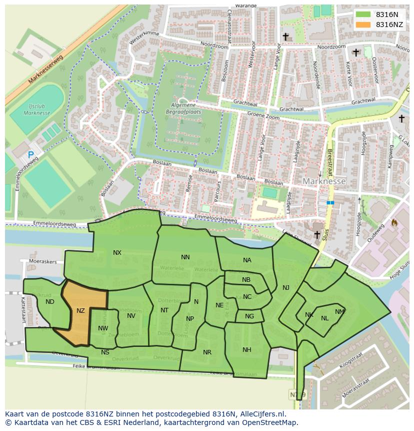 Afbeelding van het postcodegebied 8316 NZ op de kaart.