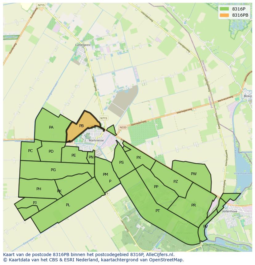 Afbeelding van het postcodegebied 8316 PB op de kaart.