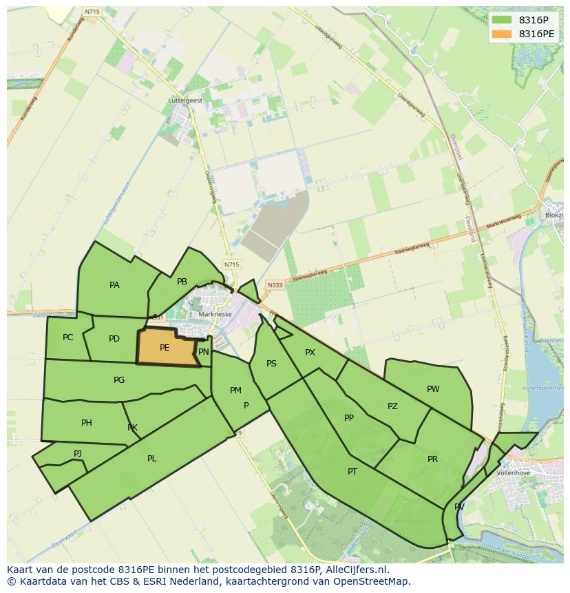 Afbeelding van het postcodegebied 8316 PE op de kaart.
