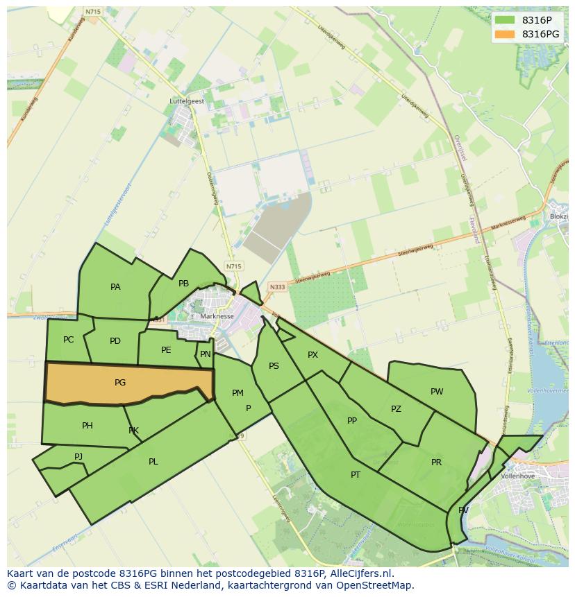 Afbeelding van het postcodegebied 8316 PG op de kaart.