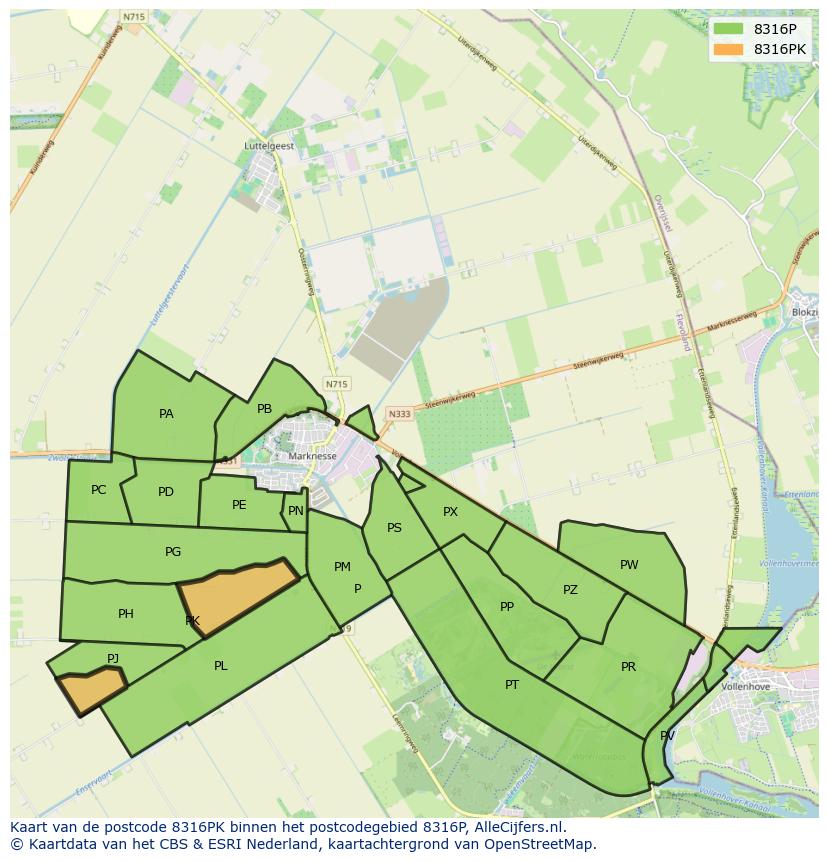 Afbeelding van het postcodegebied 8316 PK op de kaart.