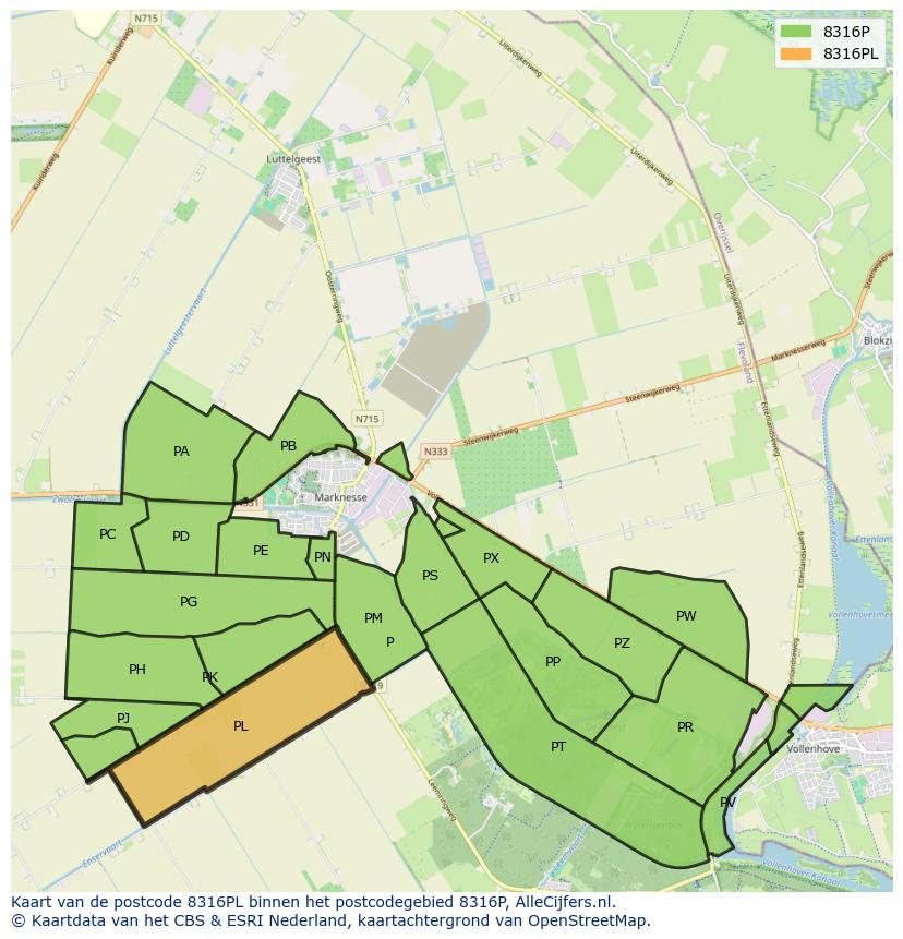 Afbeelding van het postcodegebied 8316 PL op de kaart.