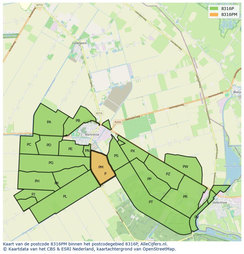 Afbeelding van het postcodegebied 8316 PM op de kaart.