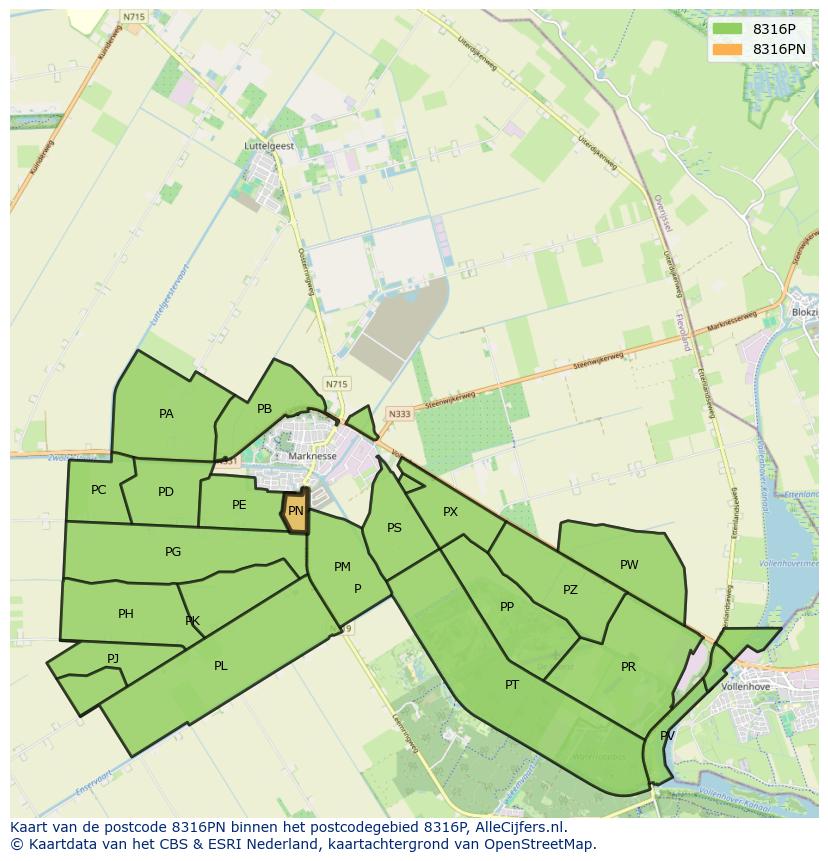 Afbeelding van het postcodegebied 8316 PN op de kaart.