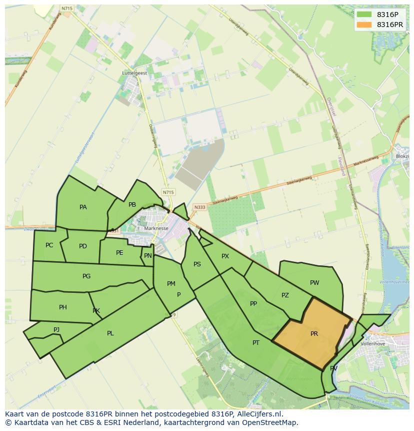 Afbeelding van het postcodegebied 8316 PR op de kaart.