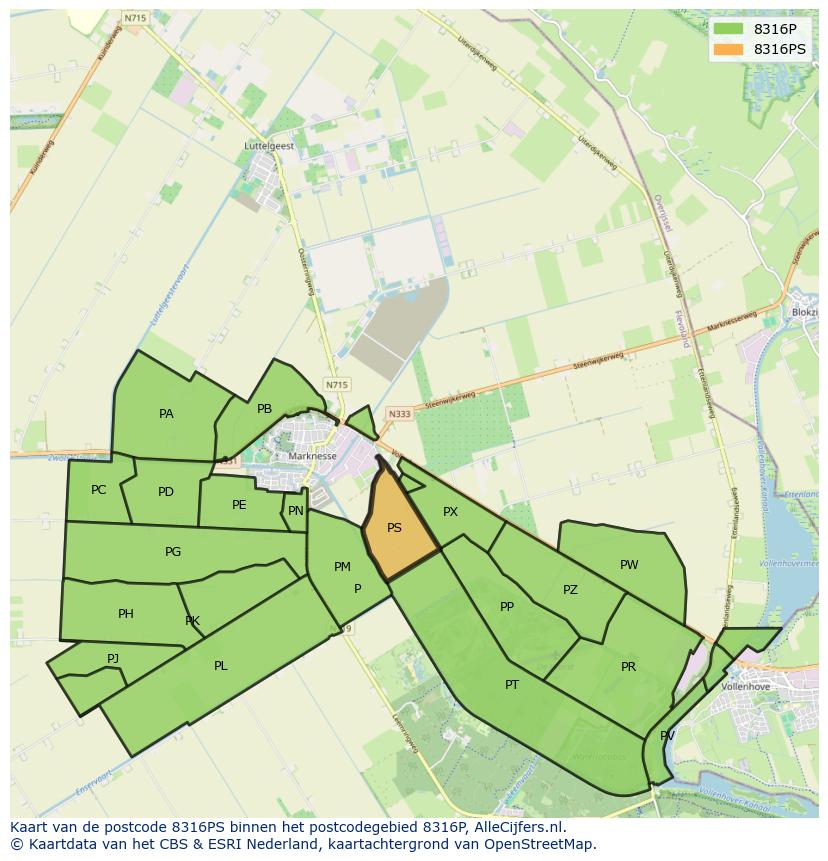 Afbeelding van het postcodegebied 8316 PS op de kaart.