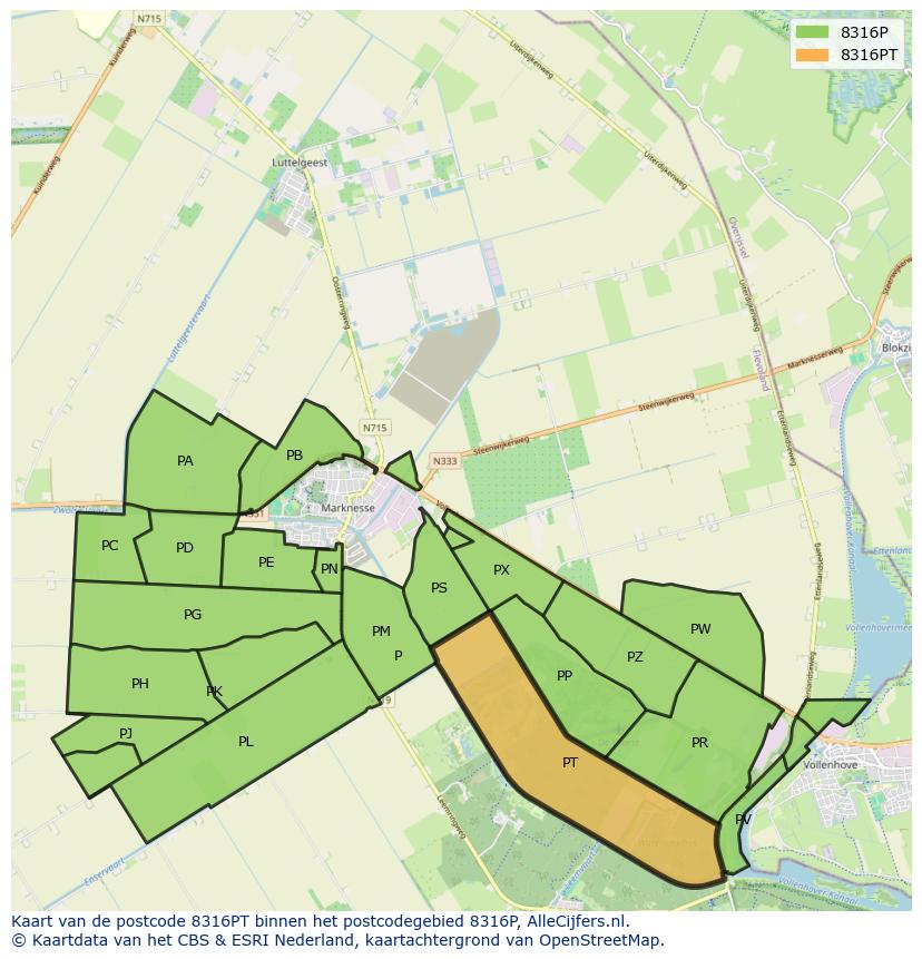 Afbeelding van het postcodegebied 8316 PT op de kaart.