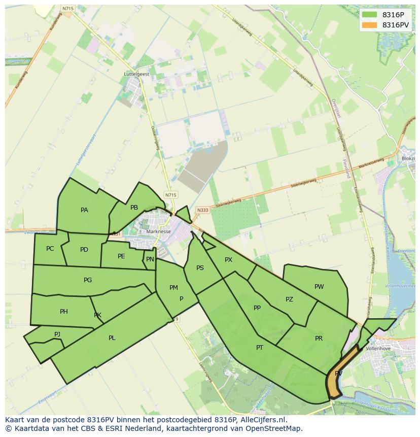 Afbeelding van het postcodegebied 8316 PV op de kaart.