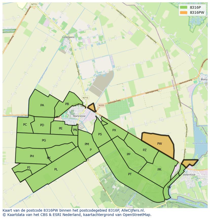 Afbeelding van het postcodegebied 8316 PW op de kaart.