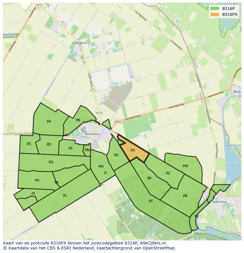Afbeelding van het postcodegebied 8316 PX op de kaart.