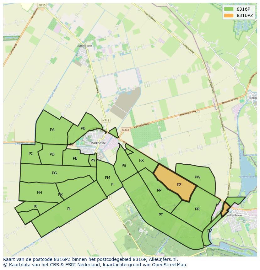 Afbeelding van het postcodegebied 8316 PZ op de kaart.